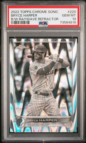 2022 Topps Chrome Sonic 220 Bryce Harper Black & White Raywave Refractor PSA 10