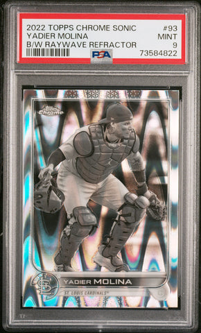 2022 Topps Chrome Sonic 93 Yadier Molina Black & White Raywave Refractor PSA 9