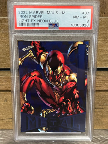 2022 Marvel Metal Universe Spider-Man #37 Iron Spider Light FX Neon Blue PSA 8